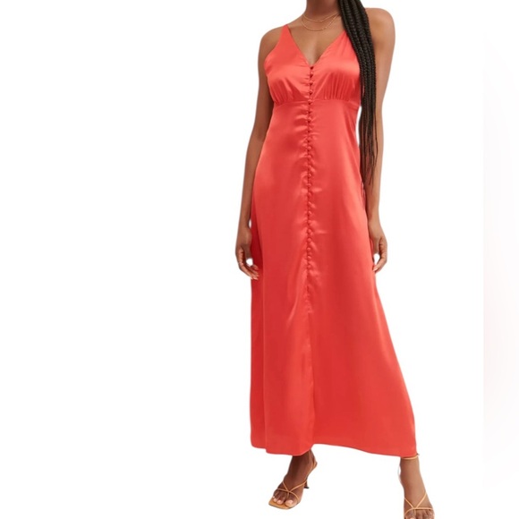 Anthropologie NEW Red Satin Button Front Slip Dress - Picture 1 of 8
